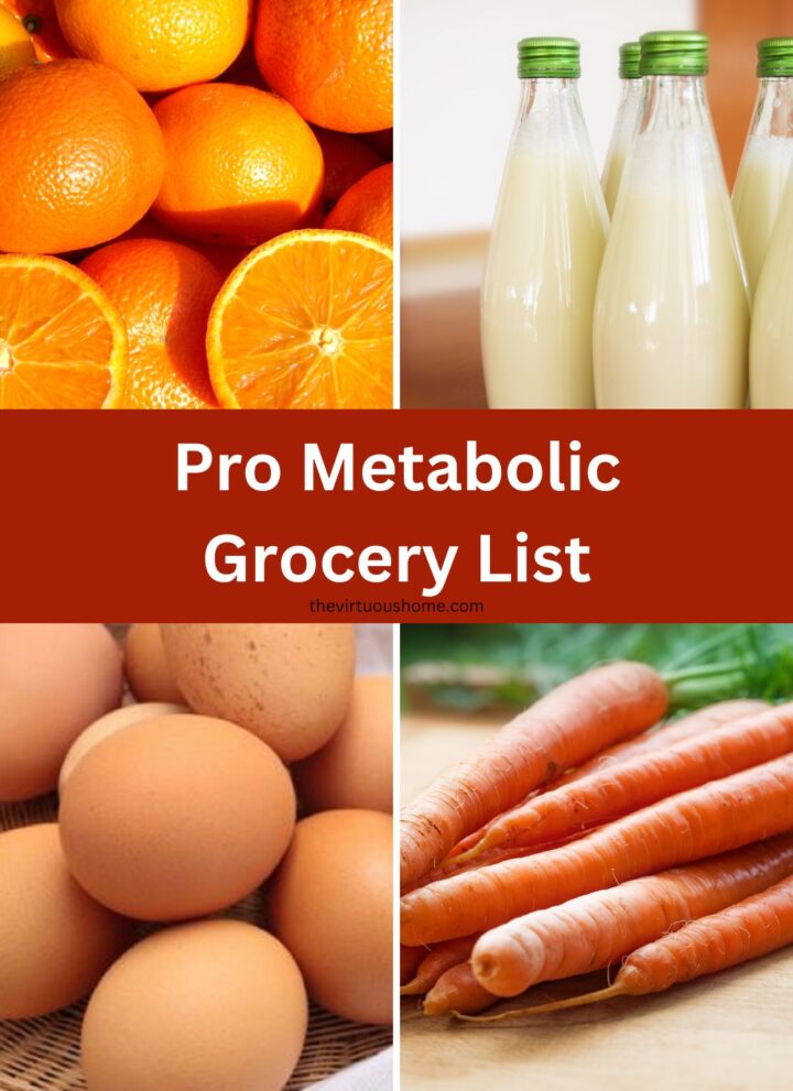 Pro metabolic grocery list with pictures of oranges, raw milk, farm fresh eggs, and raw carrots
